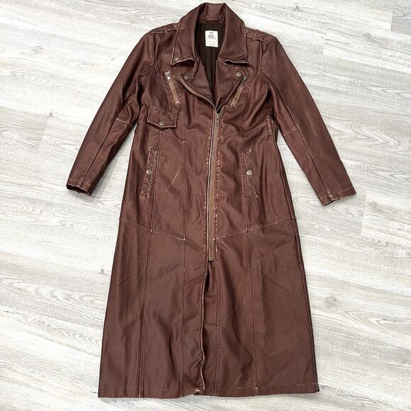 Free People Isabelle Maxi Vegan Leather Moto Jacket Size S Brown